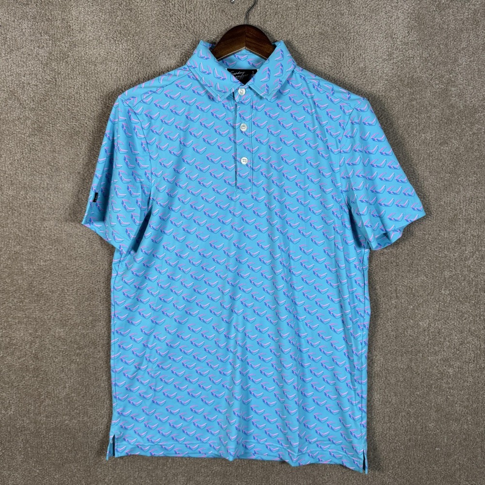 Sunday Swagger Polo Shirt Mens Small Blue‎ Sunglasses Print Golf Stretch Top